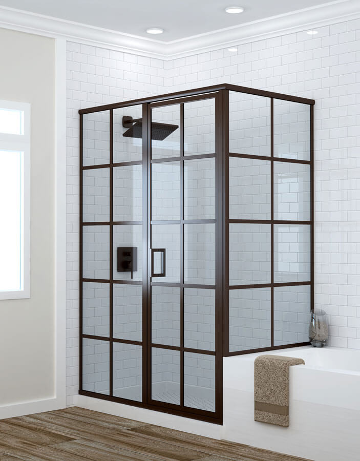 white bathroom with glass shower with black windowpanes set next to tub